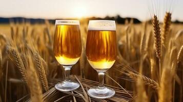 bicchieri di birra nel un' Grano campo, generativo ai foto