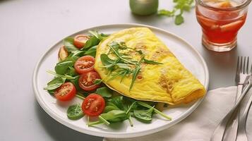 giardino diletto frittata, un' fresco miscela di rucola, pomodori, e basilico su un' piatto. generativo ai foto