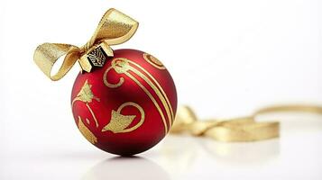 rosso Natale palla con oro nastro arco splendente su un' bianca tela. generativo ai foto