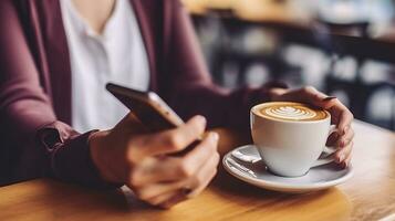 un' donna impegna con sua smartphone a il caffè negozio, bagnata nel nostalgico tonalità. generativo ai foto