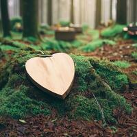 funerale cuore simpatia o di legno funerale cuore vicino un' albero. naturale sepoltura tomba nel il foresta. cuore su erba o muschio. albero sepoltura, cimitero e tutti santi giorno concetti generativo ai foto