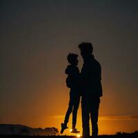 amorevole padre e il suo poco figlio avendo fan insieme all'aperto. contento famiglia. paternità. bambino piccolo ragazzo e il suo papà giocando. famiglia come silhouette su tramonto. verticale foto.generative ai foto