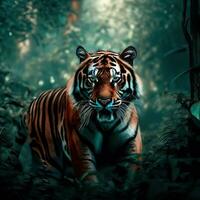 un' tigre nel il giungla con il parole tigre nel il angolo un' tigre nel il giungla generativo ai foto