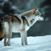 un' lupo è in piedi nel il neve con neve su il terra generativo ai foto