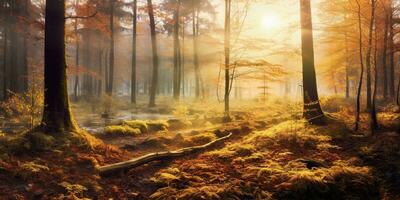 turisti il trekking sorprendente autunno foresta nel il mattina luce del sole. rosso e giallo le foglie su alberi nel il foresta d'oro foresta paesaggio foto