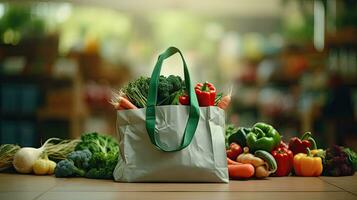 shopping borse con fresco la verdura, eco-friendly cibo su un' di legno tavolo con sfocato supermercato corridoi nel il sfondo. foto