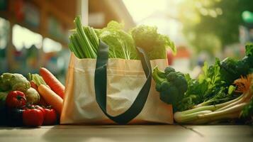 shopping borse con fresco la verdura, eco-friendly cibo su un' di legno tavolo con sfocato supermercato corridoi nel il sfondo. foto