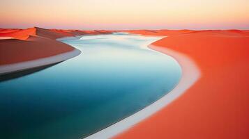 turisti a piedi su deserto sabbia dune con rosso fiume aereo Visualizza a tramonto, generato con ai foto