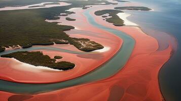 turisti a piedi su deserto sabbia dune con rosso fiume aereo Visualizza a tramonto, generato con ai foto