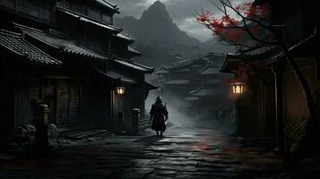 un' samurai sta nel il vicolo di un vecchio Casa nel il kicho valle a notte.generato con ai foto