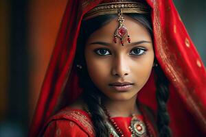 bellissimo indiano ragazza indù femmina modello nel sari e kundan Accessori rosso tradizionale costume di India foto