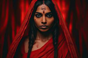 bellissimo indiano ragazza indù femmina modello nel sari e kundan Accessori rosso tradizionale costume di India foto