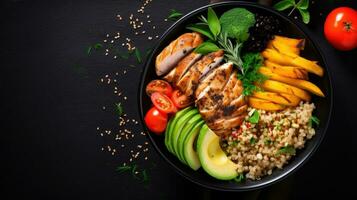 rosso quinoa ciotola con avocado, Ravanelli, scalogno, ciliegia pomodori, erba cipollina e fresco basilico. superiore Visualizza. copia spazio. foto