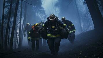 avvicinamento di i vigili del fuoco indossare maschere. combattimento incendi boschivi come clima modificare e globale riscaldamento guidare wildfire tendenze in giro il mondo foto