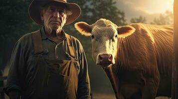 maturo maschio contadino sorrisi con orgoglio in telecamera a il suo opera su un' rurale azienda agricola con mucche. foto