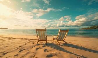 tropicale paesaggio con sole letti di il spiaggia. vacanza su un' bellissimo isola. per striscione, cartolina, libro illustrazione. creato con generativo ai utensili foto