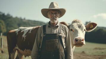 maturo maschio contadino sorrisi con orgoglio in telecamera a il suo opera su un' rurale azienda agricola con mucche. foto