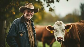 maturo maschio contadino sorrisi con orgoglio in telecamera a il suo opera su un' rurale azienda agricola con mucche. foto