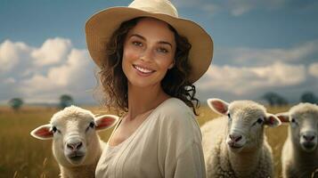 bellissimo giovane donna nel cappello in piedi contento sorridente su pecora azienda agricola nel bellissimo campagna natura, femmina lavoratore nel pecora azienda agricola foto