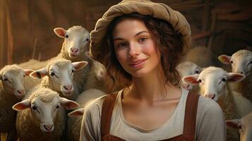 bellissimo giovane donna nel cappello in piedi contento sorridente su pecora azienda agricola nel bellissimo campagna natura, femmina lavoratore nel pecora azienda agricola foto