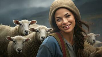 bellissimo giovane donna nel cappello in piedi contento sorridente su pecora azienda agricola nel bellissimo campagna natura, femmina lavoratore nel pecora azienda agricola foto