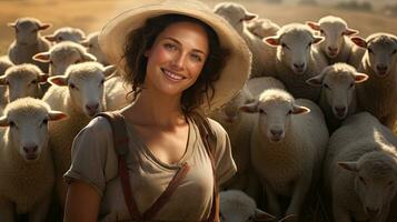 bellissimo giovane donna nel cappello in piedi contento sorridente su pecora azienda agricola nel bellissimo campagna natura, femmina lavoratore nel pecora azienda agricola foto