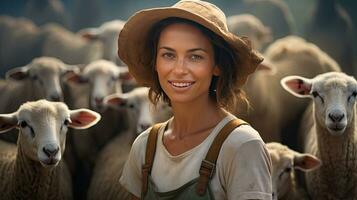 bellissimo giovane donna nel cappello in piedi contento sorridente su pecora azienda agricola nel bellissimo campagna natura, femmina lavoratore nel pecora azienda agricola foto