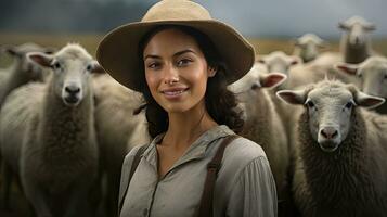 bellissimo giovane donna nel cappello in piedi contento sorridente su pecora azienda agricola nel bellissimo campagna natura, femmina lavoratore nel pecora azienda agricola foto