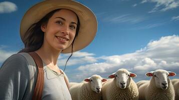bellissimo giovane donna nel cappello in piedi contento sorridente su pecora azienda agricola nel bellissimo campagna natura, femmina lavoratore nel pecora azienda agricola foto