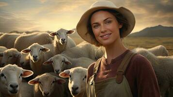 bellissimo giovane donna nel cappello in piedi contento sorridente su pecora azienda agricola nel bellissimo campagna natura, femmina lavoratore nel pecora azienda agricola foto