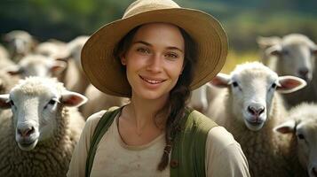 bellissimo giovane donna nel cappello in piedi contento sorridente su pecora azienda agricola nel bellissimo campagna natura, femmina lavoratore nel pecora azienda agricola foto