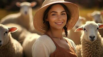 bellissimo giovane donna nel cappello in piedi contento sorridente su pecora azienda agricola nel bellissimo campagna natura, femmina lavoratore nel pecora azienda agricola foto