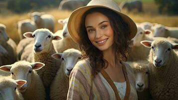 bellissimo giovane donna nel cappello in piedi contento sorridente su pecora azienda agricola nel bellissimo campagna natura, femmina lavoratore nel pecora azienda agricola foto