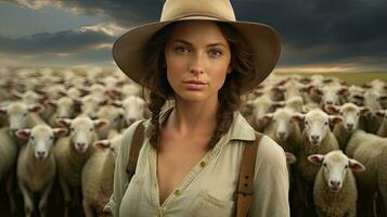 bellissimo giovane donna nel cappello in piedi contento sorridente su pecora azienda agricola nel bellissimo campagna natura, femmina lavoratore nel pecora azienda agricola foto