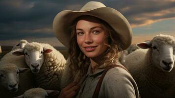 bellissimo giovane donna nel cappello in piedi contento sorridente su pecora azienda agricola nel bellissimo campagna natura, femmina lavoratore nel pecora azienda agricola foto