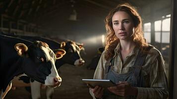 contento femmina contadino in piedi con mucche a il bestiame fattoria.femmina contadino raccolta mucche foto