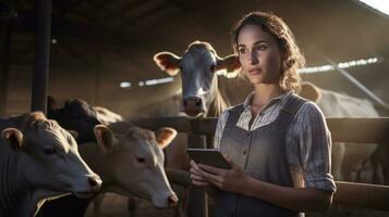 contento femmina contadino in piedi con mucche a il bestiame fattoria.femmina contadino raccolta mucche foto