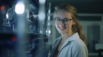 bellissimo donna, uomo d'affari contento persona indossare bicchieri e guardare a telecamera avvicinamento di sorridente donna di viso riuscito donna foto