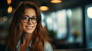 bellissimo donna, uomo d'affari contento persona indossare bicchieri e guardare a telecamera avvicinamento di sorridente donna di viso riuscito donna foto