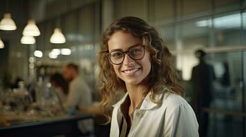 bellissimo donna, uomo d'affari contento persona indossare bicchieri e guardare a telecamera avvicinamento di sorridente donna di viso riuscito donna foto