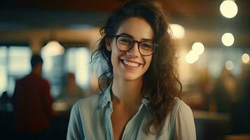 bellissimo donna, uomo d'affari contento persona indossare bicchieri e guardare a telecamera avvicinamento di sorridente donna di viso riuscito donna foto