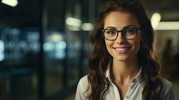 bellissimo donna, uomo d'affari contento persona indossare bicchieri e guardare a telecamera avvicinamento di sorridente donna di viso riuscito donna foto