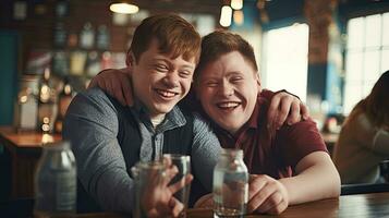 contento giovane uomo con giù sindrome e il suo mentore amico celebrare successo foto