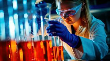 femmina ricercatore Lavorando nel un' scienza laboratorio cropipetta contenente test tubi nel un' grande moderno laboratorio foto