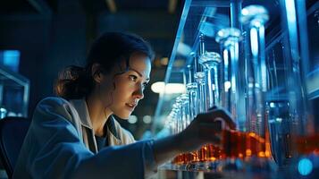 femmina ricercatore Lavorando nel un' scienza laboratorio cropipetta contenente test tubi nel un' grande moderno laboratorio foto