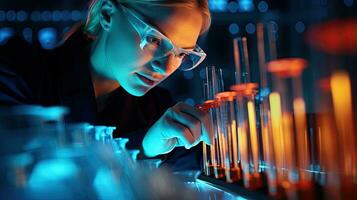 femmina ricercatore Lavorando nel un' scienza laboratorio cropipetta contenente test tubi nel un' grande moderno laboratorio foto