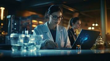 Due femmina scienziati siamo utilizzando computer portatili nel il laboratorio. foto