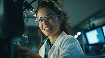inteligente bellissimo donna Lavorando nel un' laboratorio uso laboratorio attrezzatura, condotta esperimenti, studia test campioni. contento femmina scienziato guardare a telecamera foto