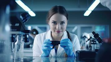 inteligente bellissimo donna Lavorando nel un' laboratorio uso laboratorio attrezzatura, condotta esperimenti, studia test campioni. contento femmina scienziato guardare a telecamera foto