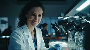 inteligente bellissimo donna Lavorando nel un' laboratorio uso laboratorio attrezzatura, condotta esperimenti, studia test campioni. contento femmina scienziato guardare a telecamera foto